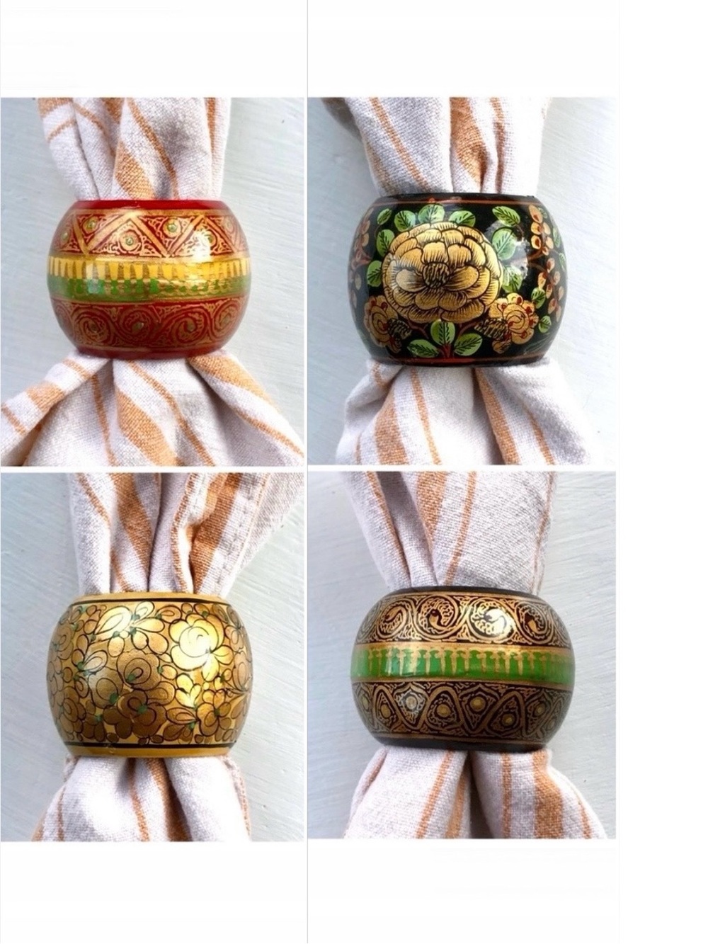 Wooden black lacquer folk art napkin rings set of 4